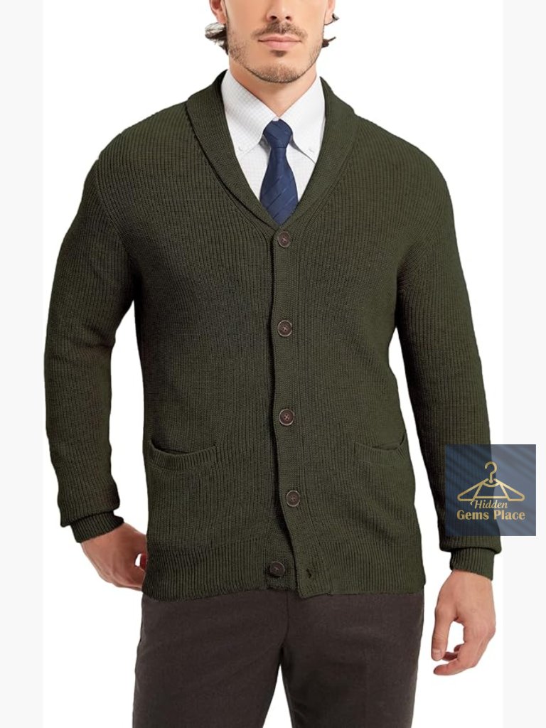 Men's Wool Blend Shawl Collar Cardigan Button Down Knit With Pockets